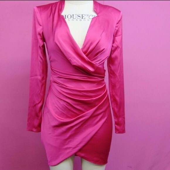 HOUSE OF CB 'NELINHA' HOT PINK TUX WRAP DRESS - Picture 4 of 16